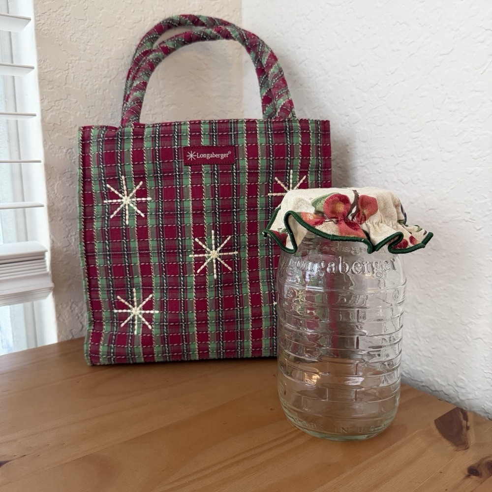 Longaberger Clear Glass Canning Jar Basket Weave Gift Bag Embroidered Christmas